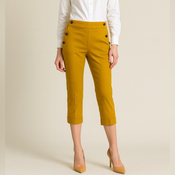 Jules & Leopold Pants - Jules & Leopold Casual Mustard Yellow Button-Detail Capri Pull On Pants Sz Small